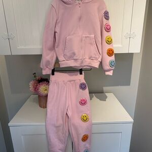 Lola + The Boys Pink Jogger Set with Colorful Smiley Patches